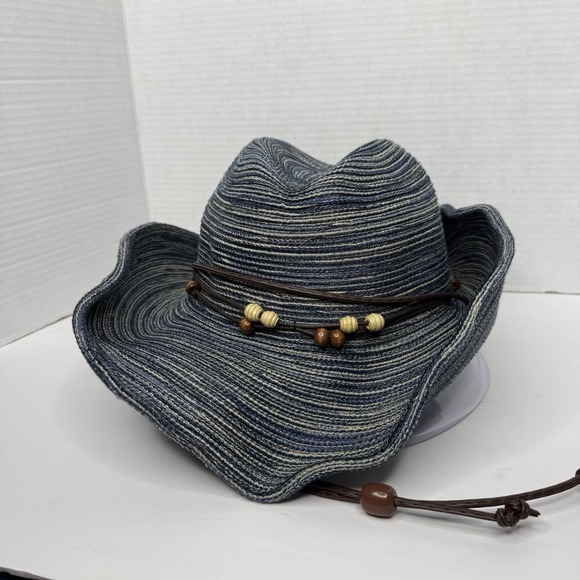 Sunday Afternoons Sunset Cowboy Hat Rolled Brim Denim/Tan Size M Bead Detail - Picture 1 of 7